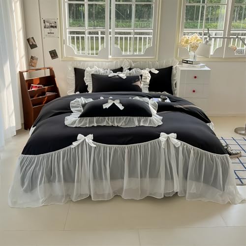 SOUKECHY Girls Lace Bedding,Queen Comforter Cover Set, Chic Ruffled Duvet Cover with Lovely Bow,Princess Style 1 Duvet Cover with 2 Pillowcases, No Comforter-Black,Queen Size - Image 1