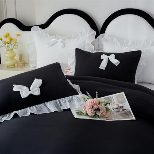 SOUKECHY Girls Lace Bedding,Queen Comforter Cover Set, Chic Ruffled Duvet Cover with Lovely Bow,Princess Style 1 Duvet Cover with 2 Pillowcases, No Comforter-Black,Queen Size - Image 3