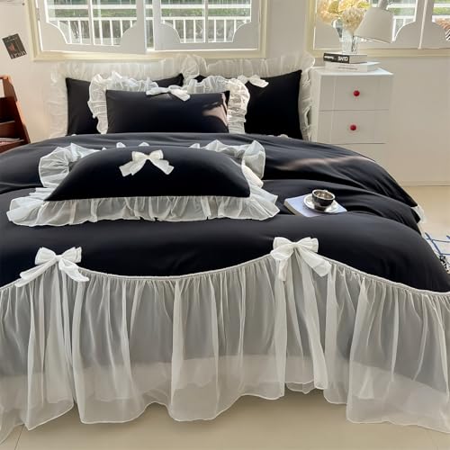 SOUKECHY Girls Lace Bedding,Queen Comforter Cover Set, Chic Ruffled Duvet Cover with Lovely Bow,Princess Style 1 Duvet Cover with 2 Pillowcases, No Comforter-Black,Queen Size - Image 2