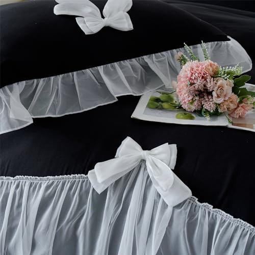 SOUKECHY Girls Lace Bedding,Queen Comforter Cover Set, Chic Ruffled Duvet Cover with Lovely Bow,Princess Style 1 Duvet Cover with 2 Pillowcases, No Comforter-Black,Queen Size - Image 4