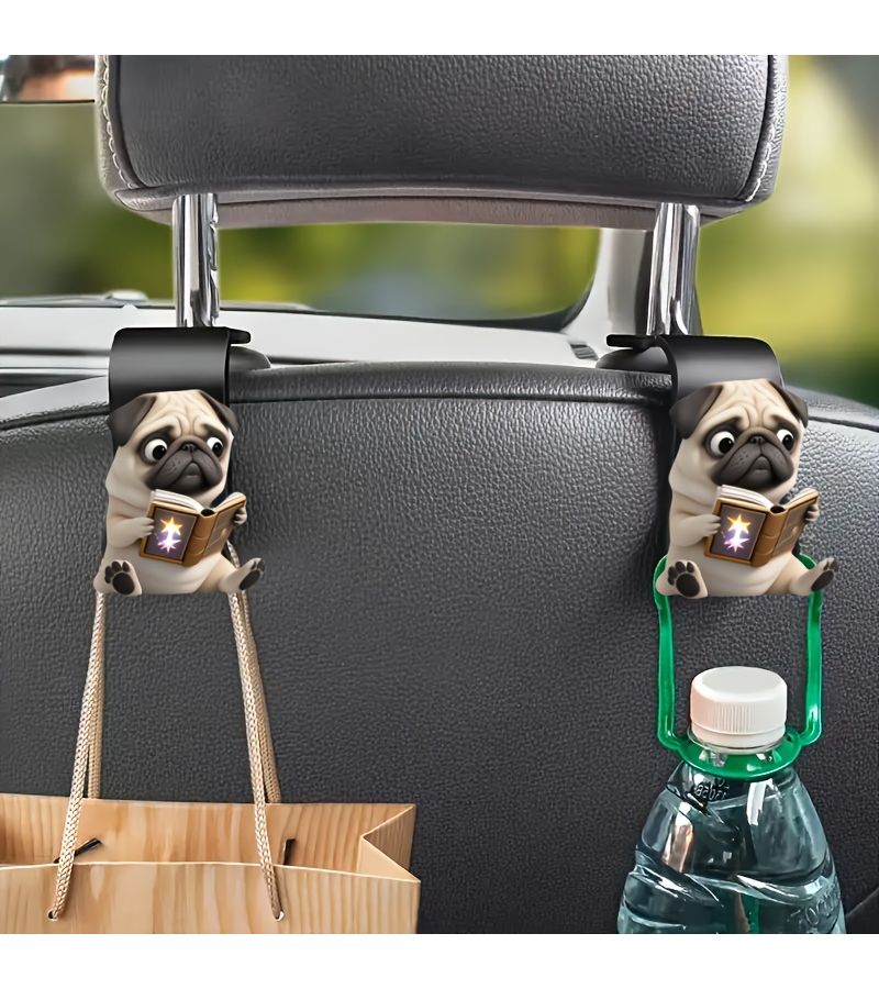 2 Pcs Adorable Pug Dog 2D Car Seat Hooks Hidden Backseat Storage Organizer Acrylic Multi Functional Car Accessories For Cabin Bag Water Bottle Durable Cute Seat Hook - Image 2