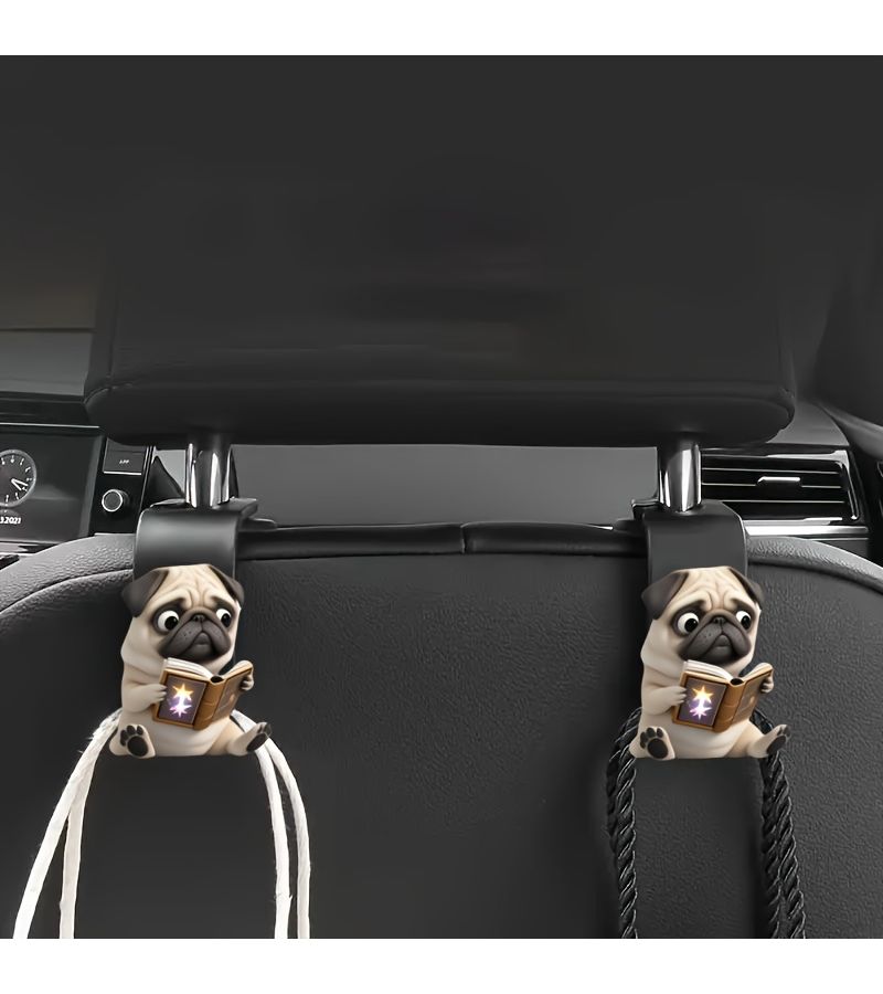 2 Pcs Adorable Pug Dog 2D Car Seat Hooks Hidden Backseat Storage Organizer Acrylic Multi Functional Car Accessories For Cabin Bag Water Bottle Durable Cute Seat Hook - Image 3