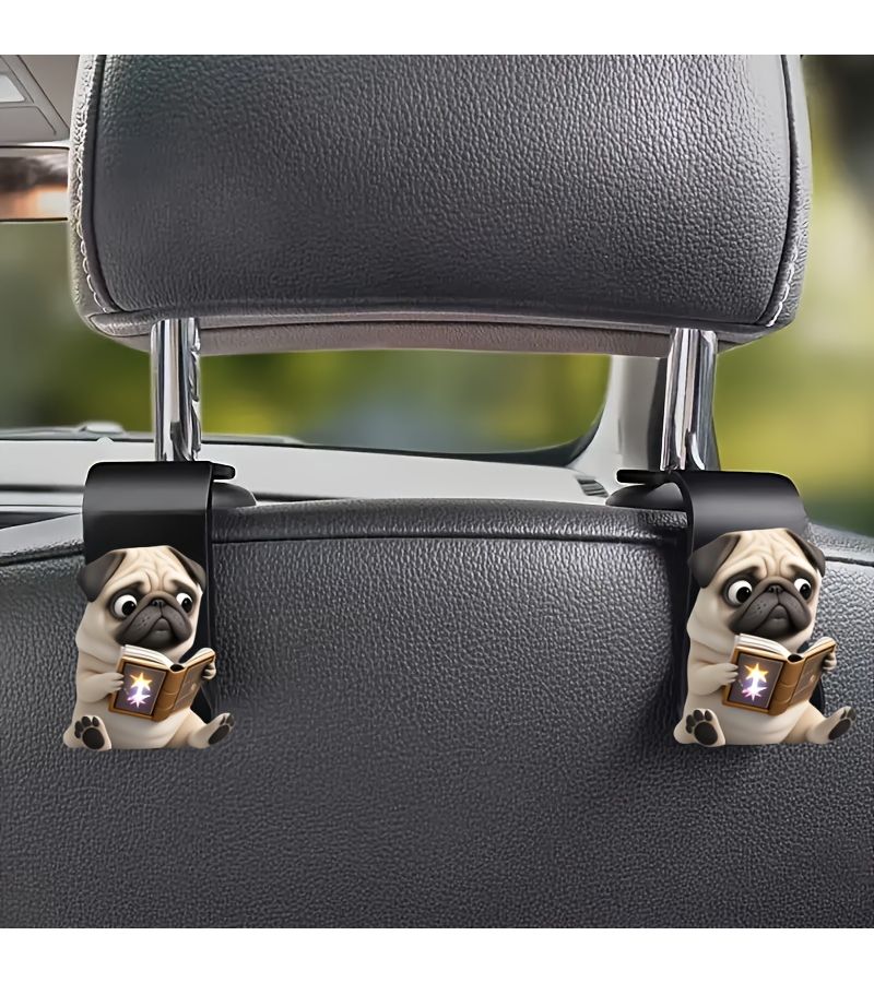 2 Pcs Adorable Pug Dog 2D Car Seat Hooks Hidden Backseat Storage Organizer Acrylic Multi Functional Car Accessories For Cabin Bag Water Bottle Durable Cute Seat Hook - Image 1
