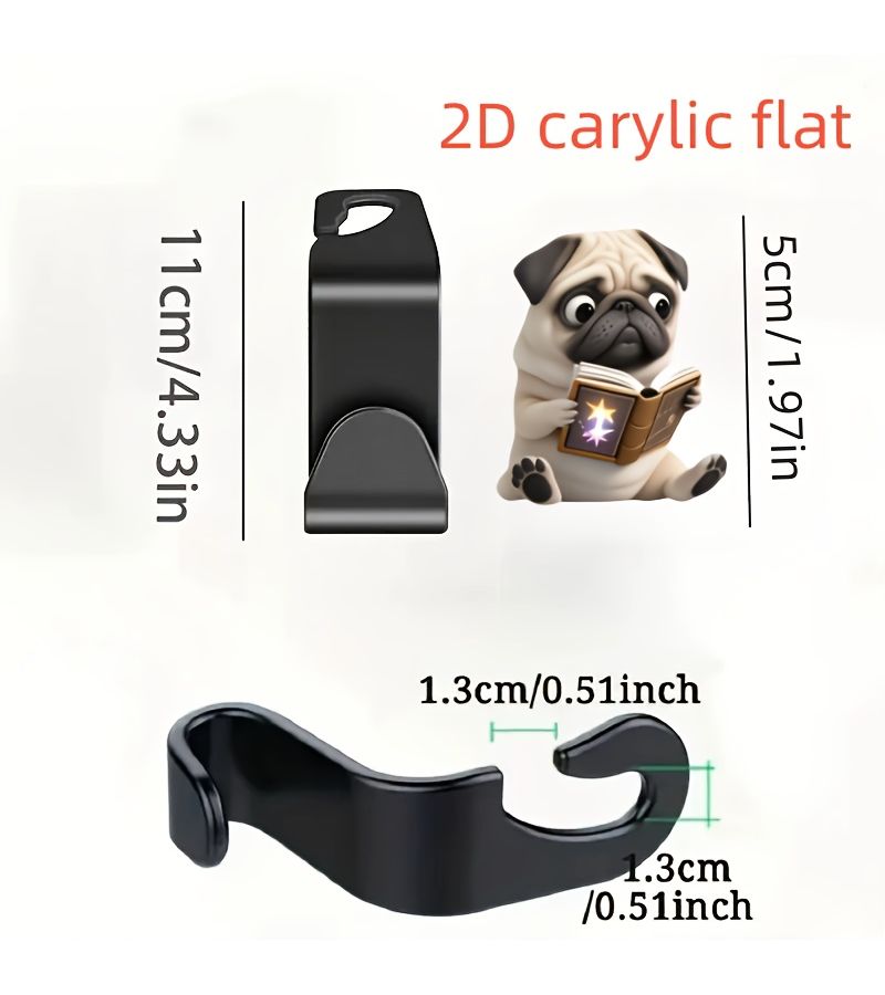 2 Pcs Adorable Pug Dog 2D Car Seat Hooks Hidden Backseat Storage Organizer Acrylic Multi Functional Car Accessories For Cabin Bag Water Bottle Durable Cute Seat Hook - Image 5