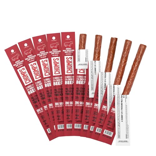 Chomps Grass-Fed and Finished Smoky BBQ Beef Jerky Snack Sticks 10-Pack - Keto, Paleo, Whole30, 10g Lean Meat Protein, Gluten-Free, Zero Sugar Food, Non-GMO - Image 1