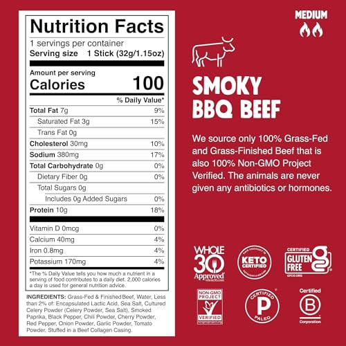 Chomps Grass-Fed and Finished Smoky BBQ Beef Jerky Snack Sticks 10-Pack - Keto, Paleo, Whole30, 10g Lean Meat Protein, Gluten-Free, Zero Sugar Food, Non-GMO - Image 2
