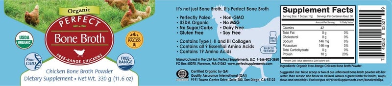 Perfect Supplements Perfect Organic Chicken Bone Broth Powder - Free Range Low Sodium, Paleo & Keto Friendly (330g, 30 Servings) - Image 2