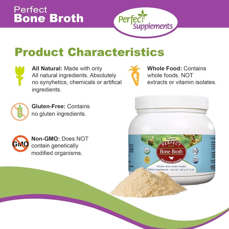 Perfect Supplements Perfect Organic Chicken Bone Broth Powder - Free Range Low Sodium, Paleo & Keto Friendly (330g, 30 Servings) - Image 4
