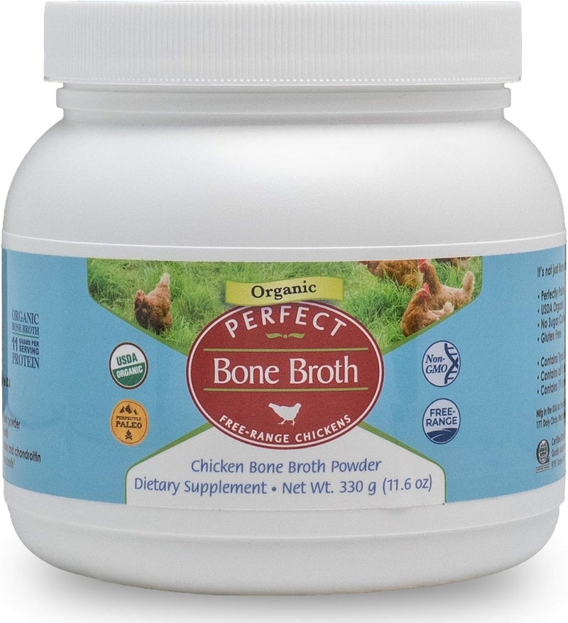 Perfect Supplements Perfect Organic Chicken Bone Broth Powder - Free Range Low Sodium, Paleo & Keto Friendly (330g, 30 Servings) - Image 1