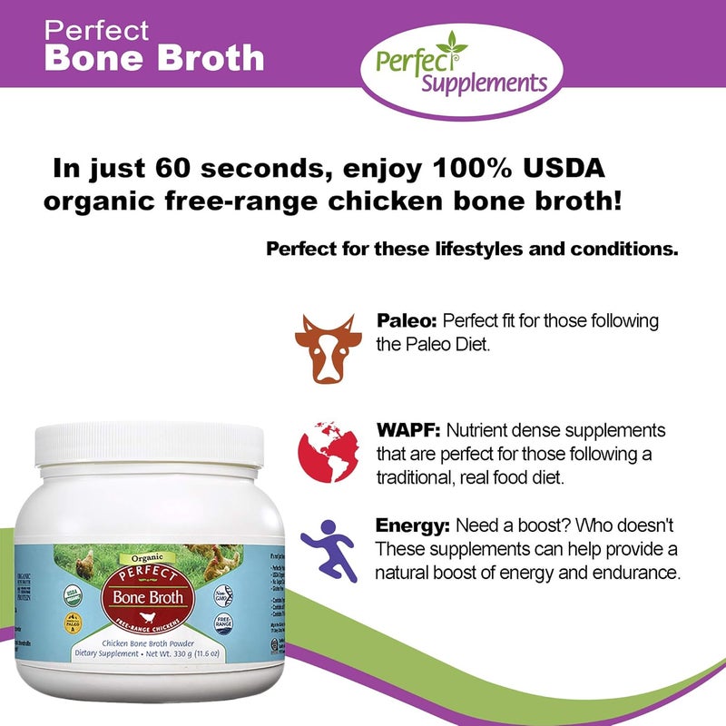 Perfect Supplements Perfect Organic Chicken Bone Broth Powder - Free Range Low Sodium, Paleo & Keto Friendly (330g, 30 Servings) - Image 3