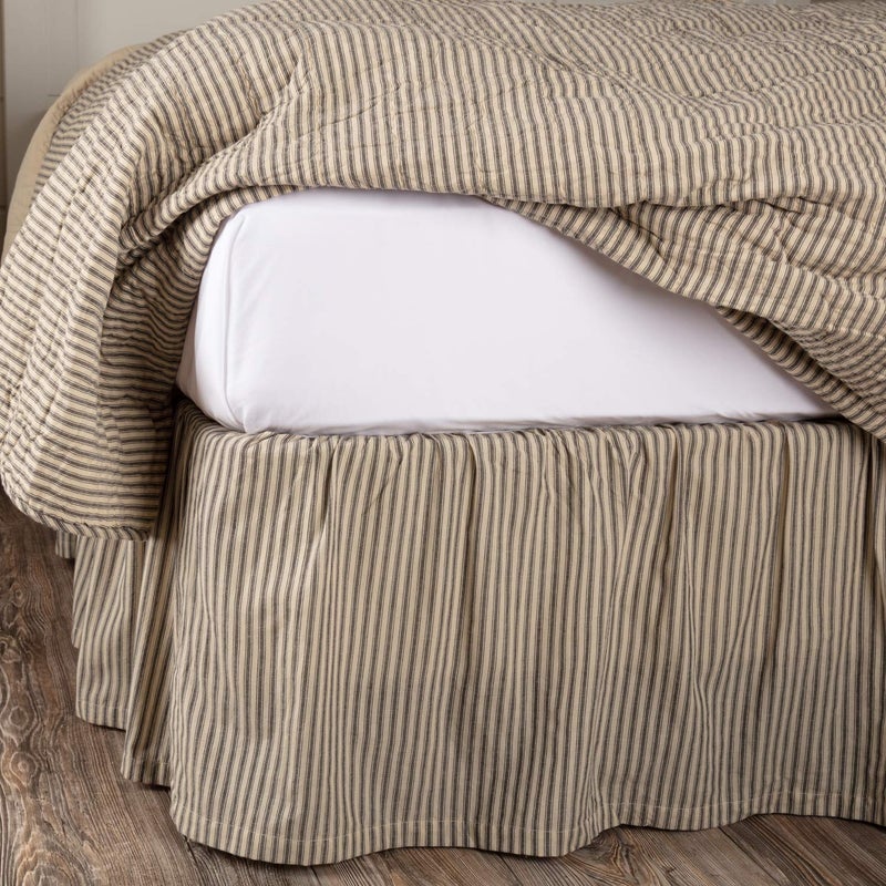 VHC Brands Sawyer Mill Ticking Striped Cotton Farmhouse Split Corners Gathered Queen Bed Skirt 60x80x16 Charcoal Dark Creme White - Image 2