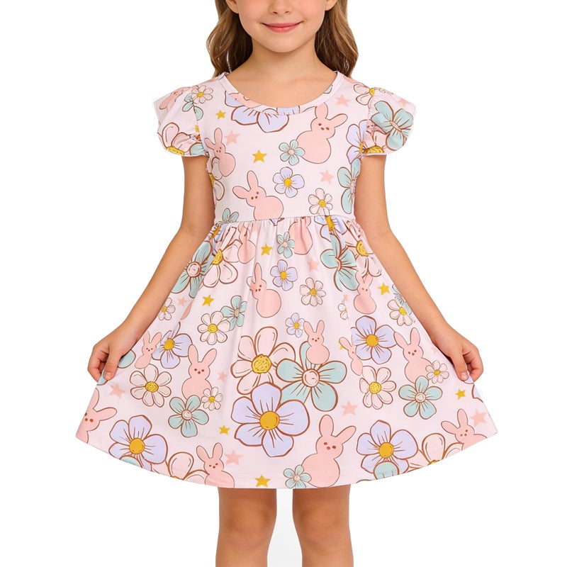 PRCSEE Easter Toddler Girls Dress Bunny Egg Print Dresses Short Sleeve Outfits 5-6Y - Image 1