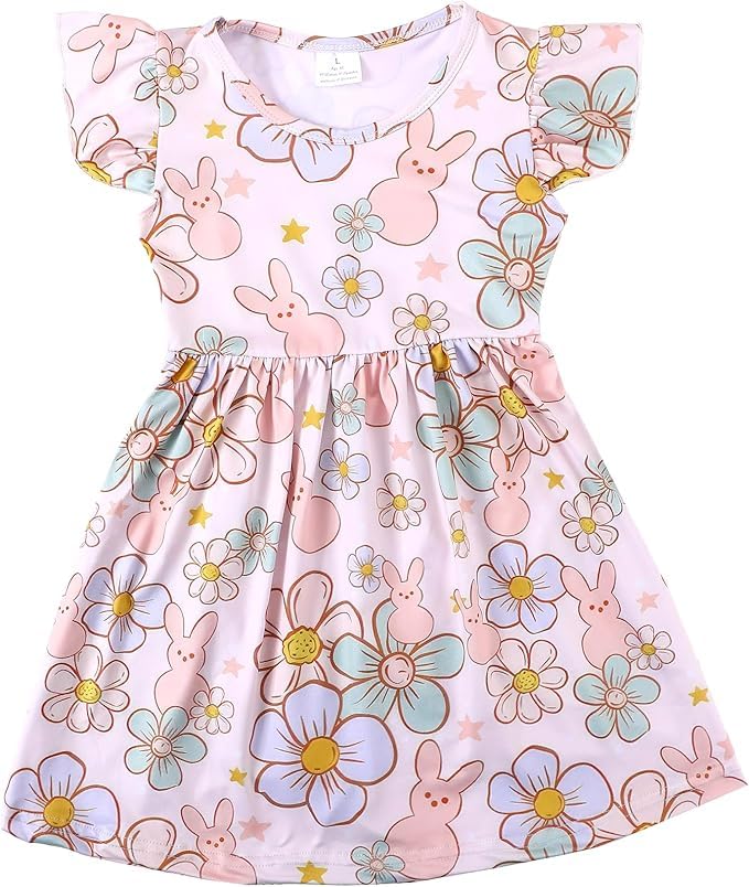 PRCSEE Easter Toddler Girls Dress Bunny Egg Print Dresses Short Sleeve Outfits 5-6Y - Image 2