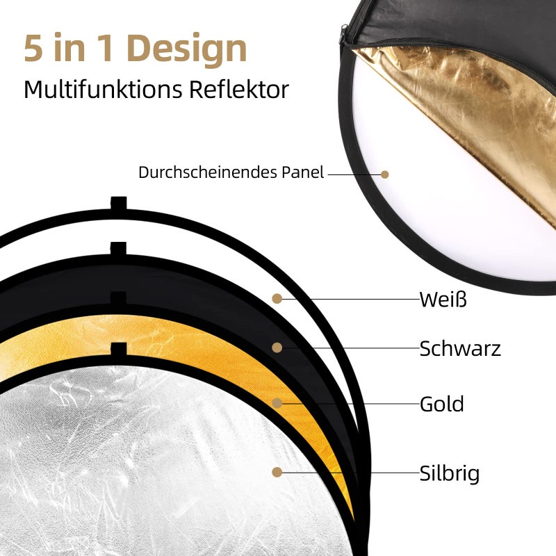 FGen 5-in-1 Reflector Photography Set (80 cm Diameter), Folding Reflector Translucent, Silver, Gold, White, and Black for Camera, Studio, Light Diffuser - Image 2