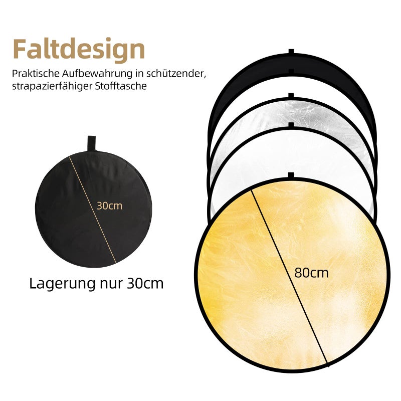 FGen 5-in-1 Reflector Photography Set (80 cm Diameter), Folding Reflector Translucent, Silver, Gold, White, and Black for Camera, Studio, Light Diffuser - Image 3