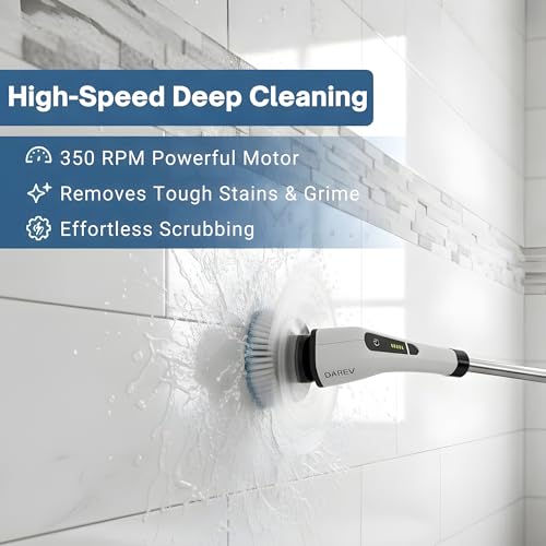 DAREV Electric Spin Scrubber,Cleaning Brush Scrubber for Home, 350RPM/Mins- 7 Replaceable Brush Heads-90Mins Work Time,3,2 Size Adjustable Speeds for Bathroom Shower Bathtub Glass Car, Multicolour - Image 3
