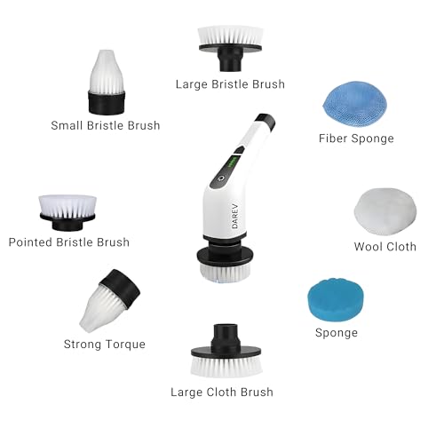 DAREV Electric Spin Scrubber,Cleaning Brush Scrubber for Home, 350RPM/Mins- 7 Replaceable Brush Heads-90Mins Work Time,3,2 Size Adjustable Speeds for Bathroom Shower Bathtub Glass Car, Multicolour - Image 4