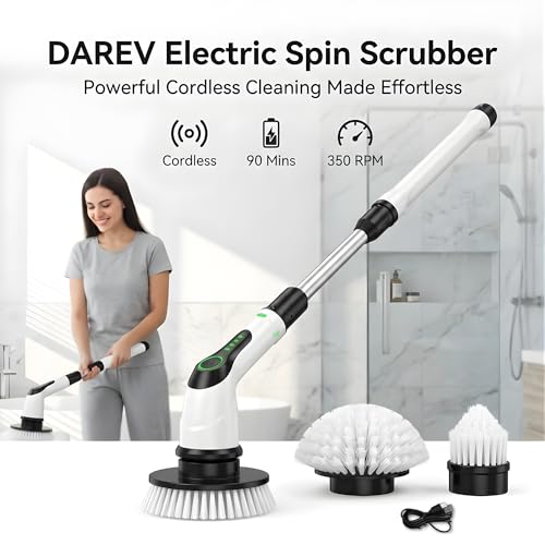DAREV Electric Spin Scrubber,Cleaning Brush Scrubber for Home, 350RPM/Mins- 7 Replaceable Brush Heads-90Mins Work Time,3,2 Size Adjustable Speeds for Bathroom Shower Bathtub Glass Car, Multicolour - Image 2