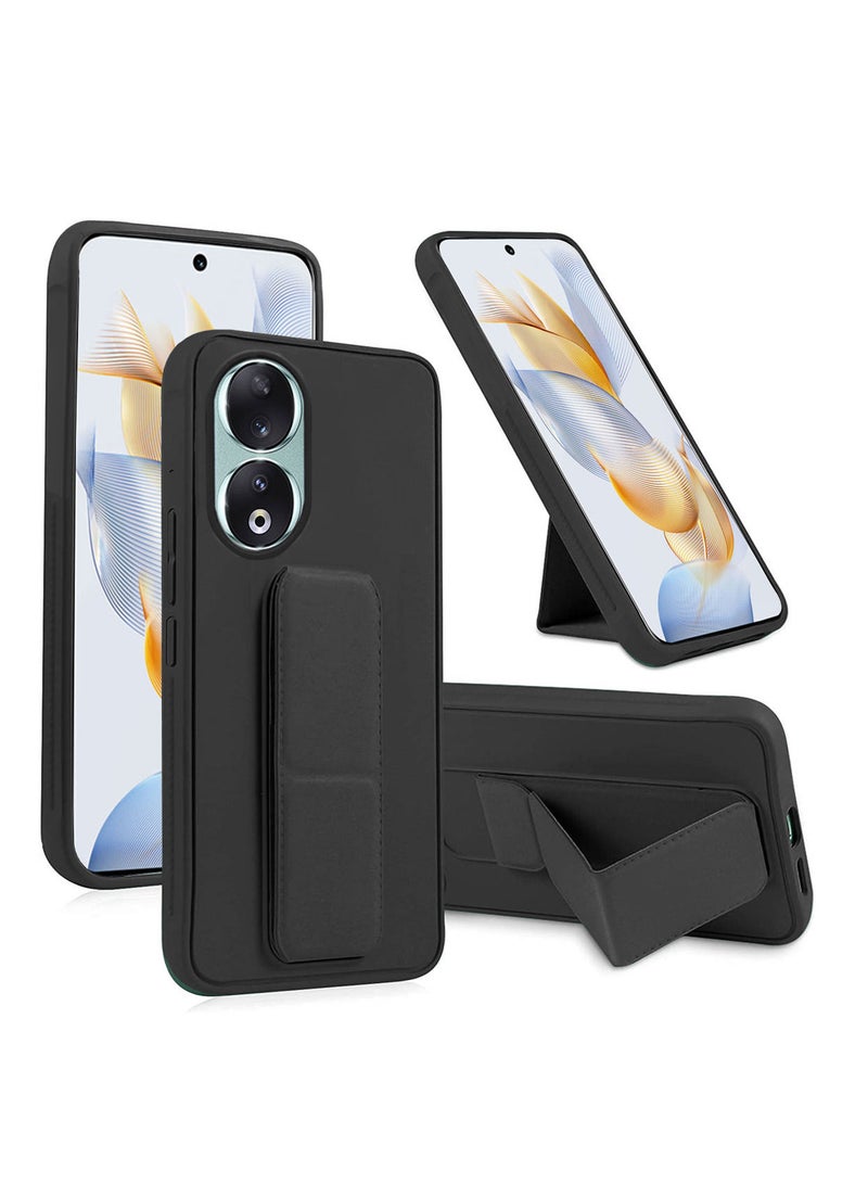 Wtech Hand Grip Foldable Magnetic Kickstand Wrist Strap Finger Grip With Built-In Iron Case Cover For Honor 90 5G 2023 Black - Image 1