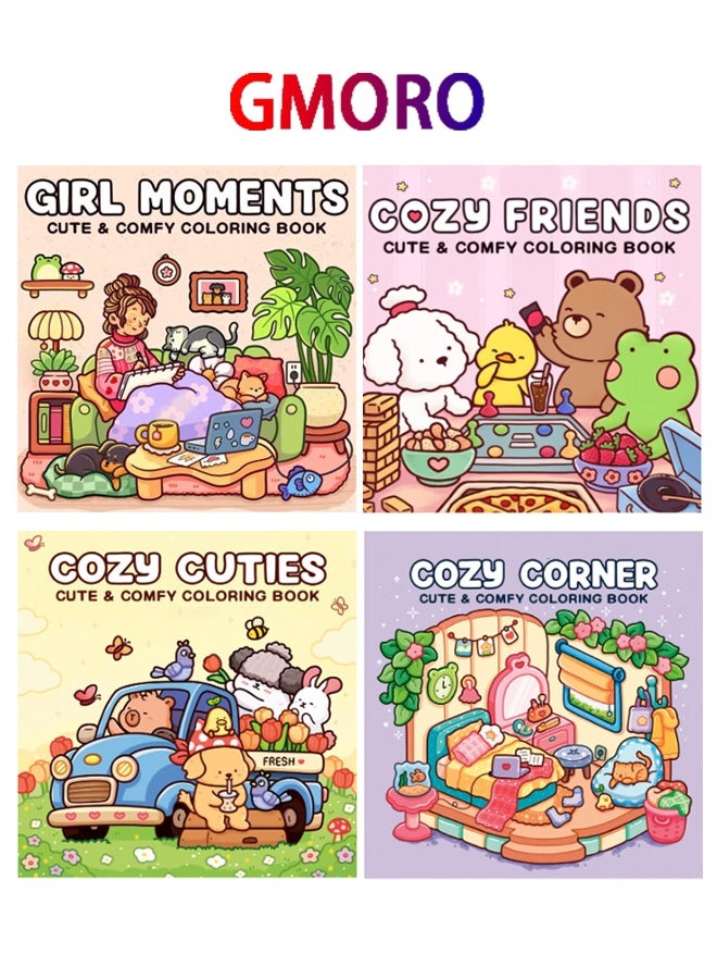 GMORO Cute & Comfy Coloring Book Gift Set (4 Books, 48 Pages Each) - COZY FRIENDS, GIRL MOMENTS, COZY CORNER, COZY CUTIES - Thick Paper, Single-Page Design, Stress Relief for Adults & Kids - Perfect Creative Gift for Artists & Families - Image 1