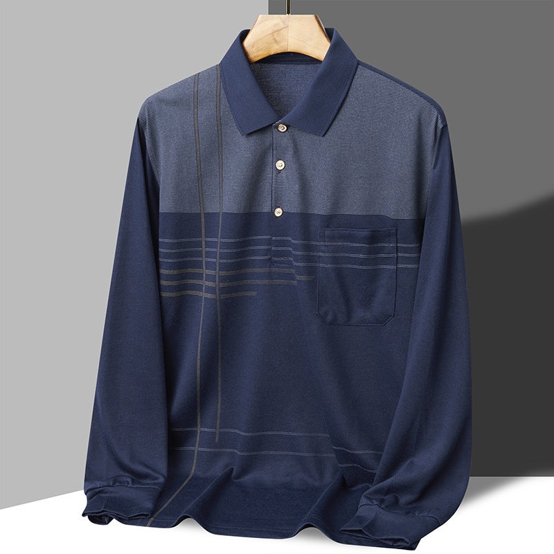 Long Sleeve Polo Shirt Dad Style Autumn Fashion for Middle-Aged Men with Real Pockets Casual Striped Loose Fit Polyester Fiber navy blue