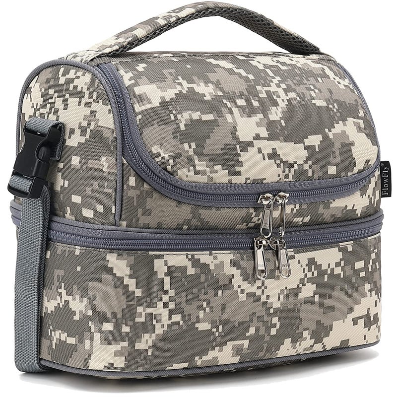 FlowFly Kids Double Decker Cooler Insulated Lunch Bag Large Tote for Boys Girls Men Women With Adjustable Strap Digital Camo