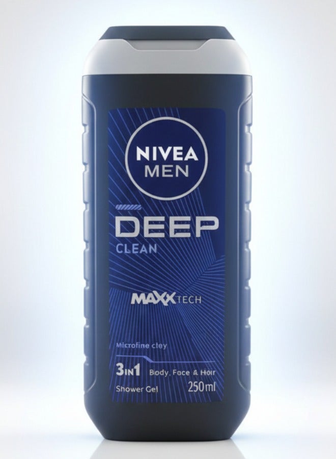 Nivea Men Deep Clean Maxx Tech 3 in 1 Shower Gel 250 ml Body Face Hair Deep Cleansing Fresh Long Lasting - Image 1