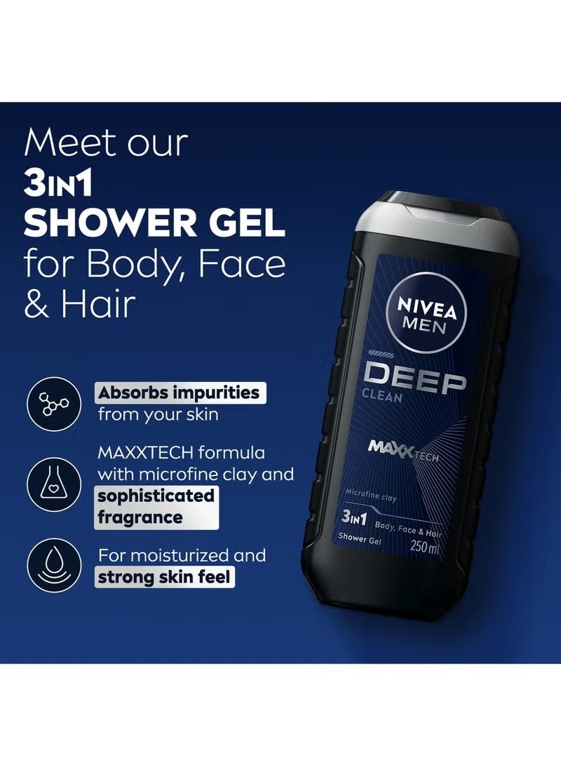 Nivea Men Deep Clean Maxx Tech 3 in 1 Shower Gel 250 ml Body Face Hair Deep Cleansing Fresh Long Lasting - Image 3