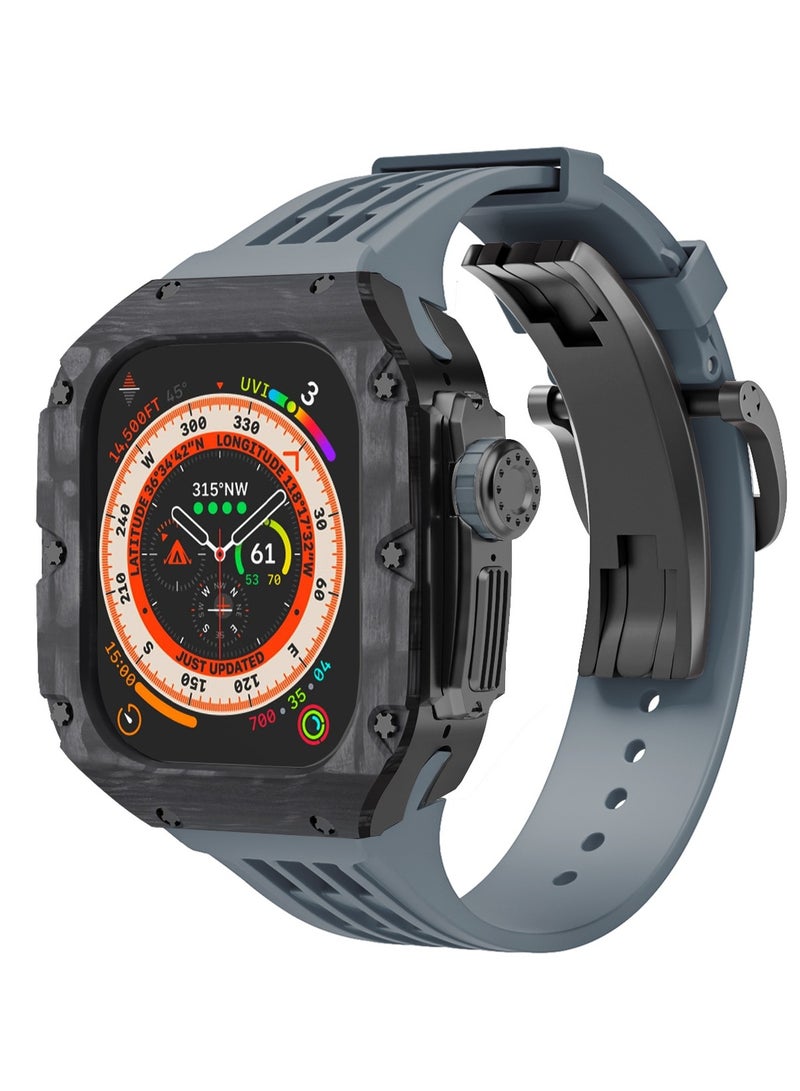 AROAQ Carbon Fiber Case For Apple Watch, 49mm Fluororubber Band Metal Bazel For Iwatch, Ultra Titanium Alloy Integrated Protective Case,(Carbon shell-black titanium frame-grey tape) - Image 1
