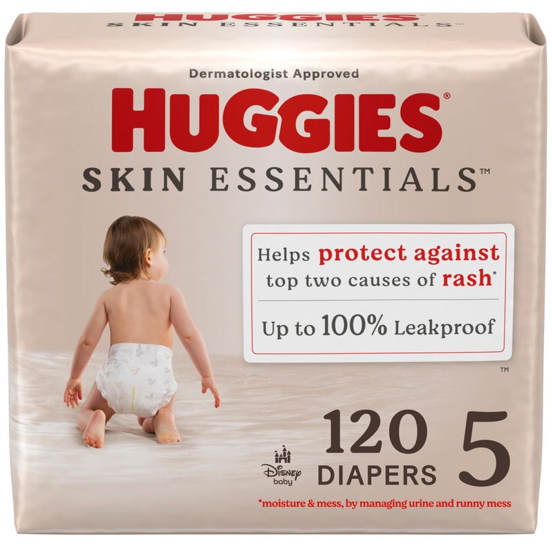 Huggies Size 5 Diapers, Skin Essentials Baby Diapers, Size 5 (27+ lbs), 120 Count (2 Packs of 60) - Image 1