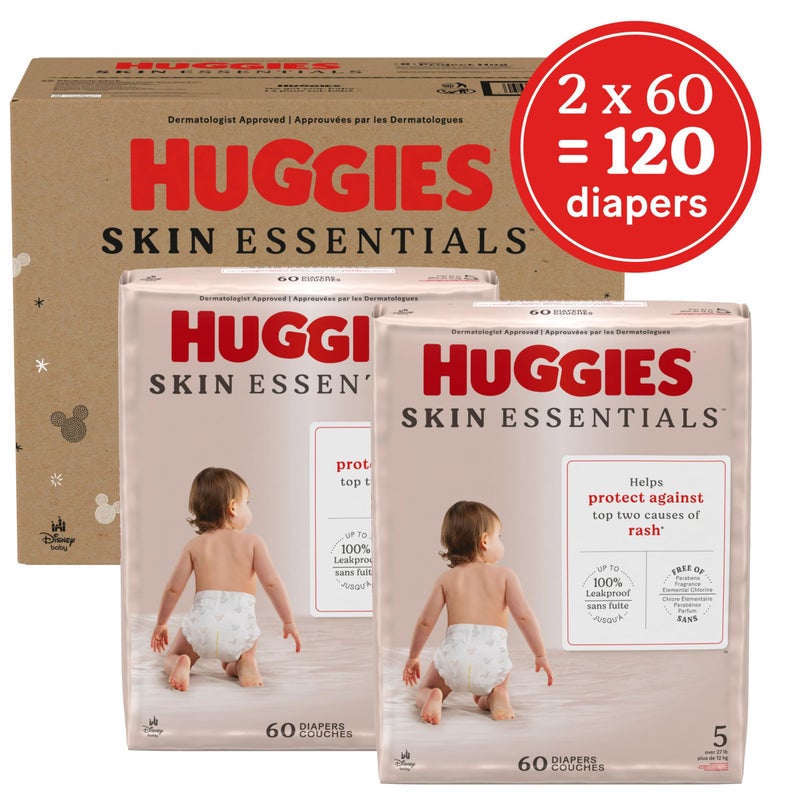 Huggies Size 5 Diapers, Skin Essentials Baby Diapers, Size 5 (27+ lbs), 120 Count (2 Packs of 60) - Image 2