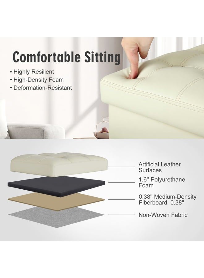 BelugaHelper Ottoman with Storage, Slim Tall Foot Rest Stool with Thicker Foam Padded Seat. Folding Leather Storage Ottoman Furniture with Handles & Side Pocket for Living Room Bedroom 350 lbs, 17x13x17in, Beige - Image 5
