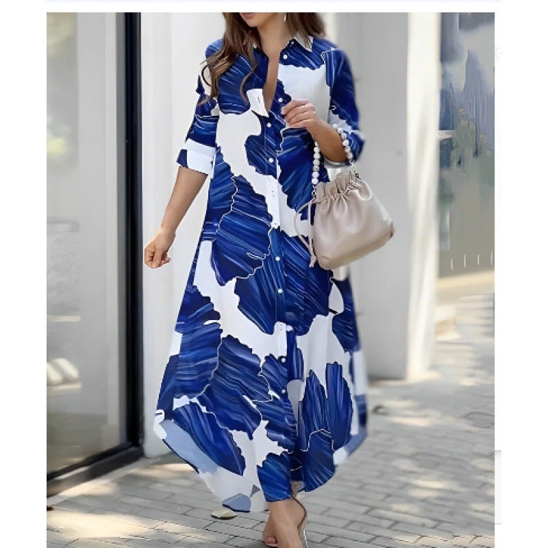 2024 Spring And Fashion Blue Printed Loose Casual Shirt Dress Women - Image 3