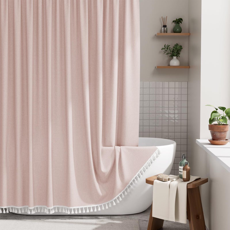 AmazerBath Pink Boho Shower Curtain with Tassels, Modern Farmhouse Shower Curtains for Bathroom, Pink Shower Curtain Fabric, Rustic Faux Linen Shower Curtain Set with Hooks, 72x72 Inches - Image 1