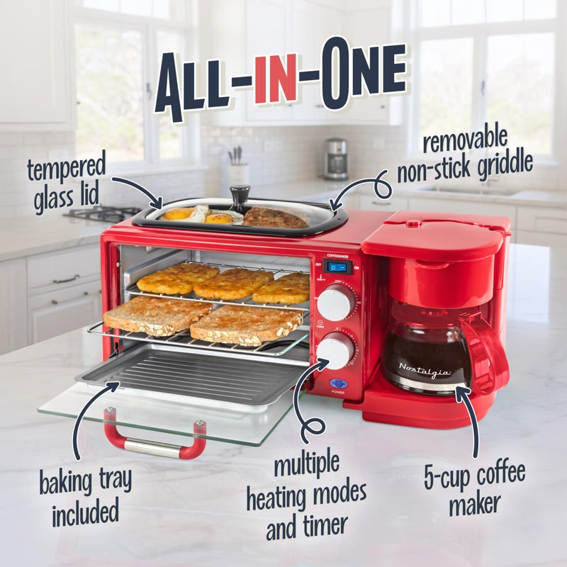 Nostalgia 3-in-1 Retro Breakfast Station - Includes 5 Cup Coffee Maker, Non-Stick Ceramic Griddle, and 4-Slice Toaster Oven - Built-In Timer, Reusable Coffee Filter, Space-Saving Design - Red - Image 4