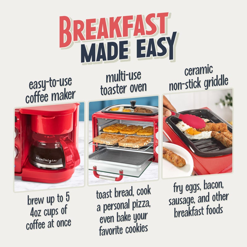 Nostalgia 3-in-1 Retro Breakfast Station - Includes 5 Cup Coffee Maker, Non-Stick Ceramic Griddle, and 4-Slice Toaster Oven - Built-In Timer, Reusable Coffee Filter, Space-Saving Design - Red - Image 3