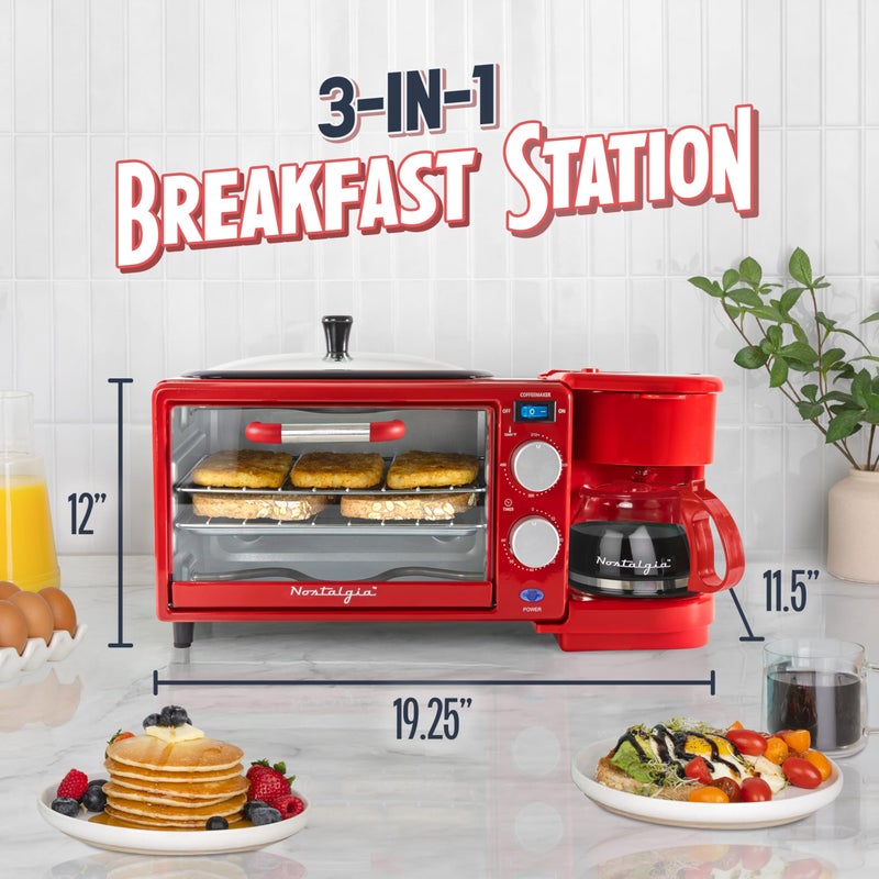 Nostalgia 3-in-1 Retro Breakfast Station - Includes 5 Cup Coffee Maker, Non-Stick Ceramic Griddle, and 4-Slice Toaster Oven - Built-In Timer, Reusable Coffee Filter, Space-Saving Design - Red - Image 2