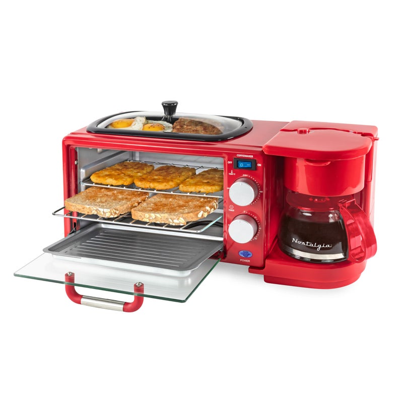 Nostalgia 3-in-1 Retro Breakfast Station - Includes 5 Cup Coffee Maker, Non-Stick Ceramic Griddle, and 4-Slice Toaster Oven - Built-In Timer, Reusable Coffee Filter, Space-Saving Design - Red - Image 1