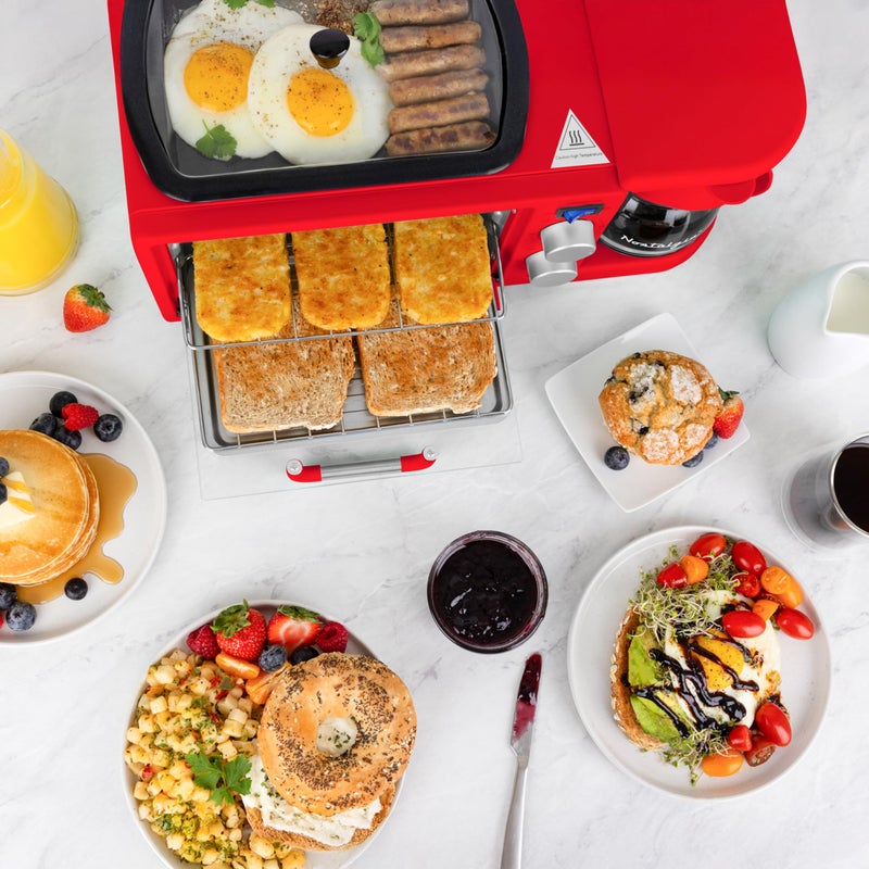 Nostalgia 3-in-1 Retro Breakfast Station - Includes 5 Cup Coffee Maker, Non-Stick Ceramic Griddle, and 4-Slice Toaster Oven - Built-In Timer, Reusable Coffee Filter, Space-Saving Design - Red - Image 5