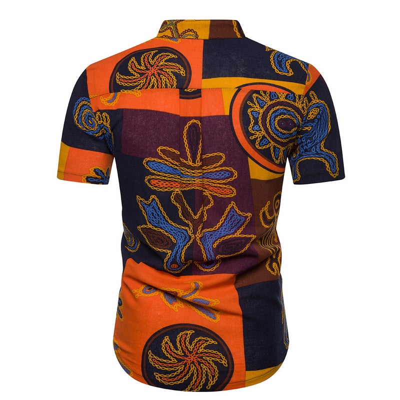 2019 Men's Cotton and Linen Vertical Collar Short-sleeved T-shirt Men's Floral Half-sleeved T-shirt for Men - Image 5