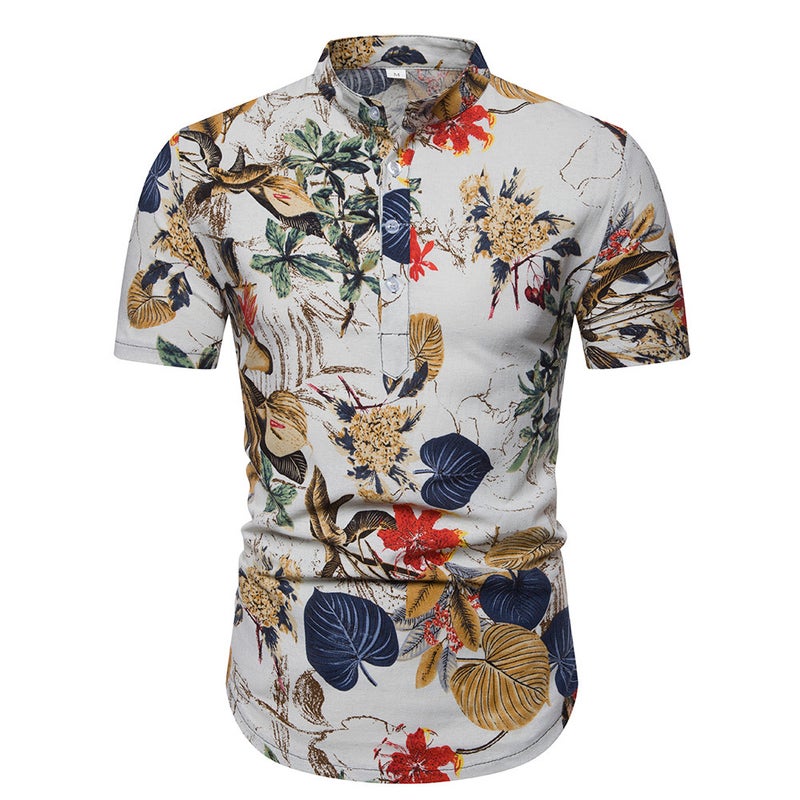 2019 Men's Cotton and Linen Vertical Collar Short-sleeved T-shirt Men's Floral Half-sleeved T-shirt for Men - Image 1