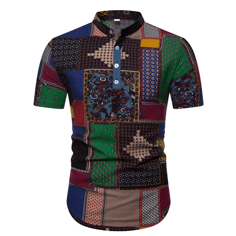 2019 Men's Cotton and Linen Vertical Collar Short-sleeved T-shirt Men's Floral Half-sleeved T-shirt for Men - Image 3