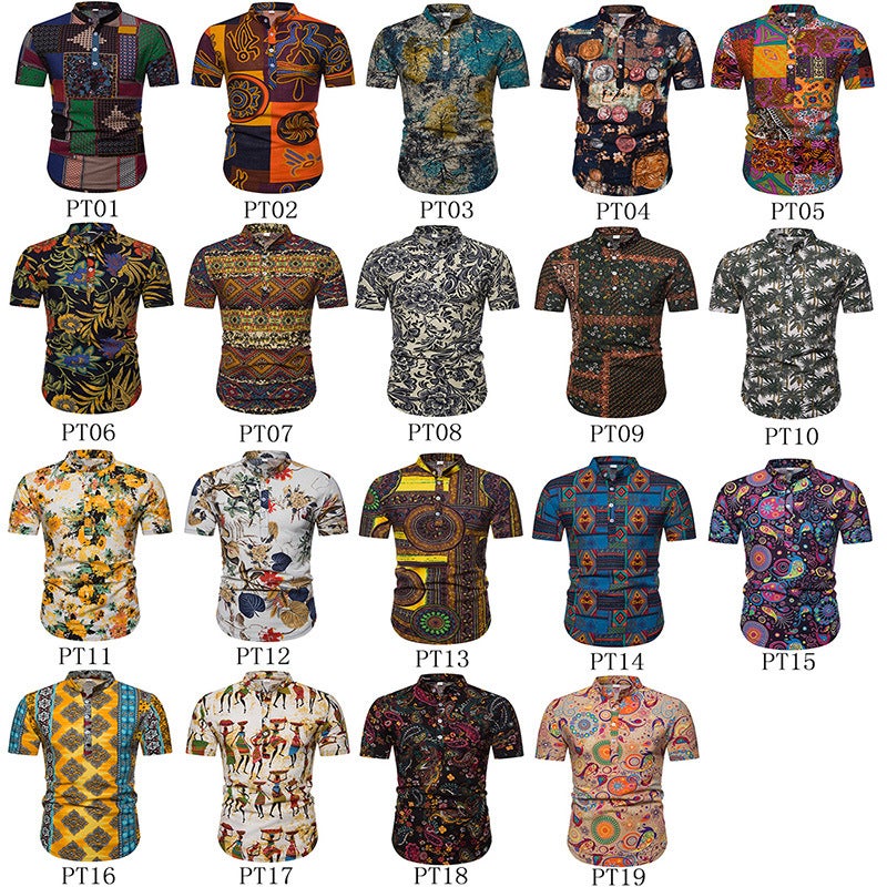 2019 Men's Cotton and Linen Vertical Collar Short-sleeved T-shirt Men's Floral Half-sleeved T-shirt for Men - Image 2
