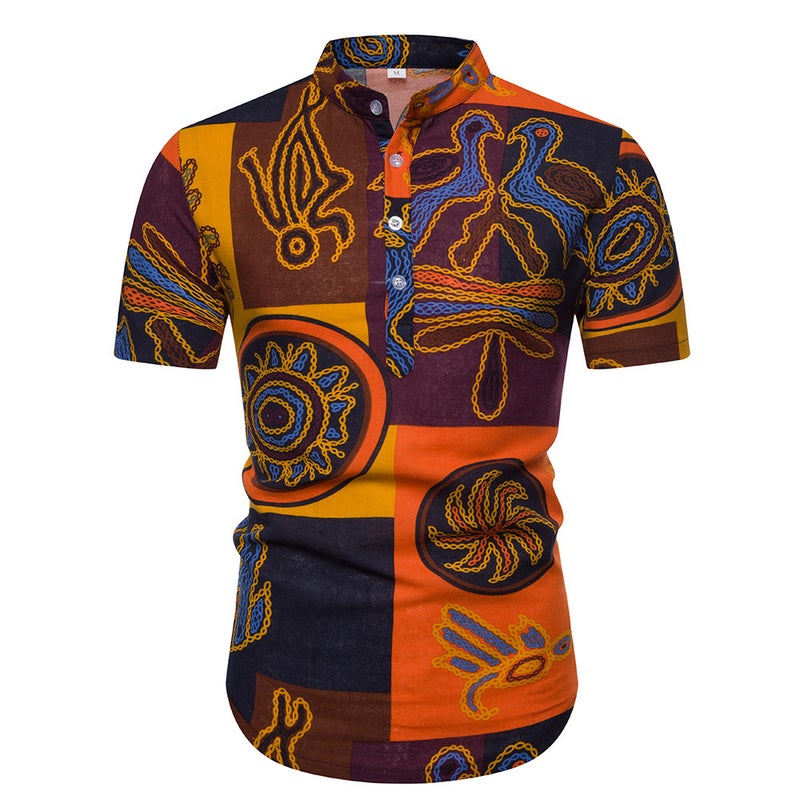 2019 Men's Cotton and Linen Vertical Collar Short-sleeved T-shirt Men's Floral Half-sleeved T-shirt for Men - Image 4