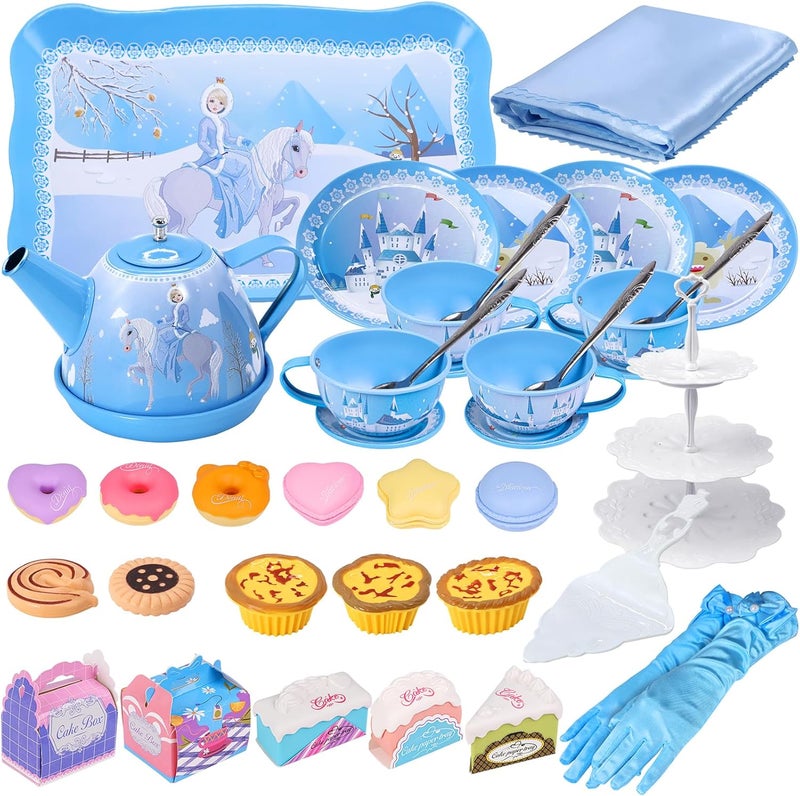PRE-WORLD Tea Party Set for Little Girls, 46Pcs Princess Tea Time Toy Including Dessert,Cookies,Doughnut,Teapot Tray Cake,Tablecloth,Gloves & Carrying Case,Kitchen Pretend Play for Girls Boys Age 3-6 - Image 3