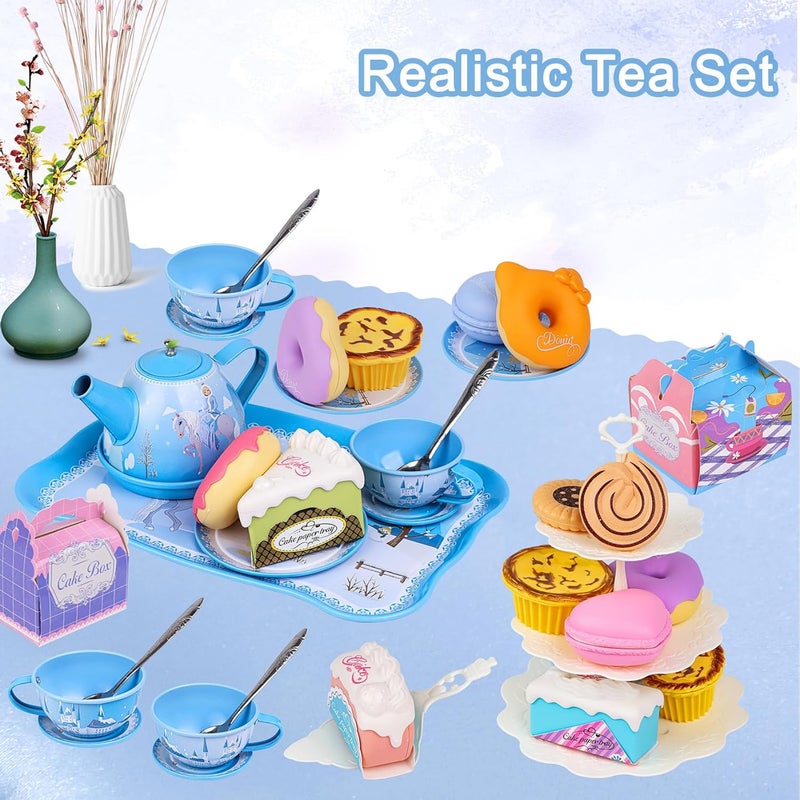 PRE-WORLD Tea Party Set for Little Girls, 46Pcs Princess Tea Time Toy Including Dessert,Cookies,Doughnut,Teapot Tray Cake,Tablecloth,Gloves & Carrying Case,Kitchen Pretend Play for Girls Boys Age 3-6 - Image 2