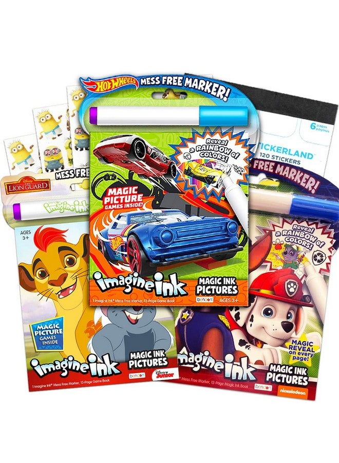 Bendon Publishing حزمة Imagine Ink تتضمن 3 كتب تلوين بدون فوضى ~ سيارات سباق باو باترول والميونيون مع ملصقات - Image 2