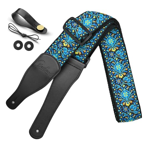 BestSounds Guitar Strap, Jacquard Embroidered Cotton Straps with Genuine Leather Ends Shoulder Strap for Bass, Acoustic, Electric Guitar (Retro Teal) - Image 1