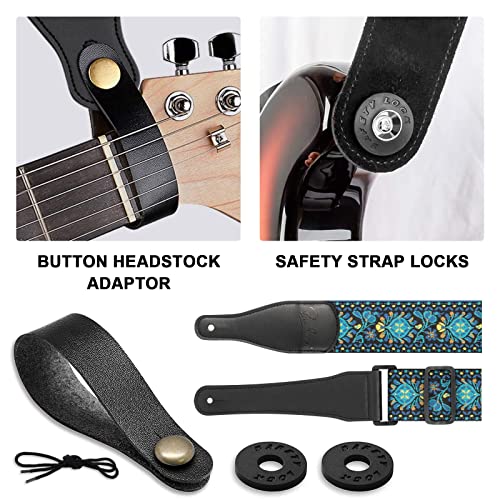 BestSounds Guitar Strap, Jacquard Embroidered Cotton Straps with Genuine Leather Ends Shoulder Strap for Bass, Acoustic, Electric Guitar (Retro Teal) - Image 4