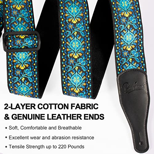 BestSounds Guitar Strap, Jacquard Embroidered Cotton Straps with Genuine Leather Ends Shoulder Strap for Bass, Acoustic, Electric Guitar (Retro Teal) - Image 2
